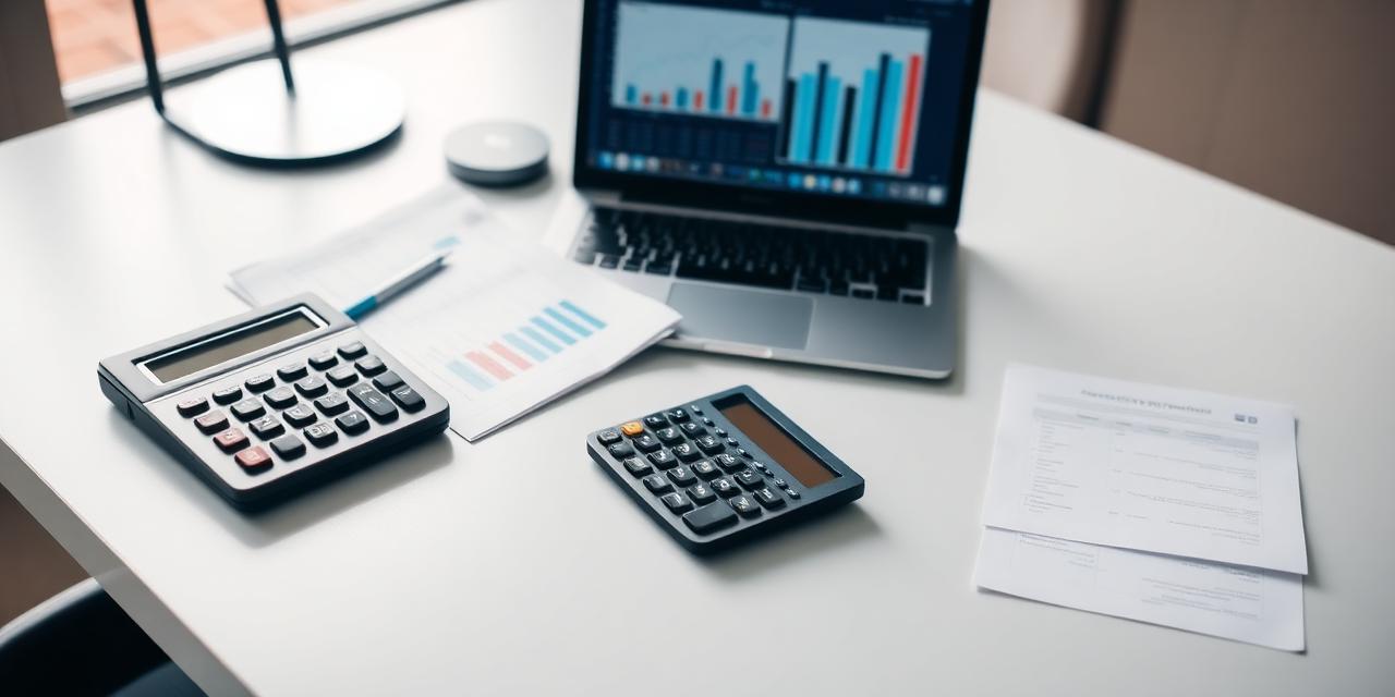Espacio de trabajo contable profesional con calculadora, documentos y laptop con gráficos